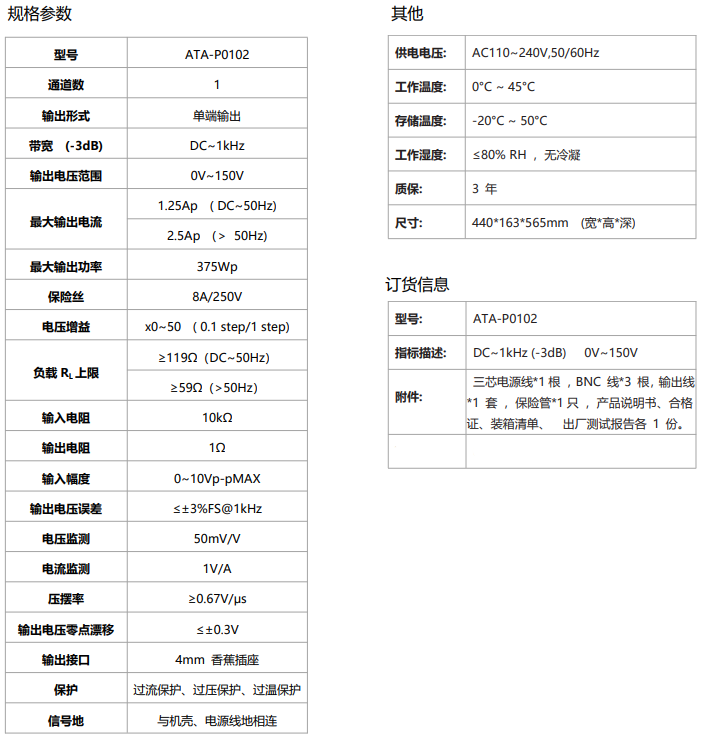 ATA-P0102功率放大器參數 ATA-P0102功率放大器參數